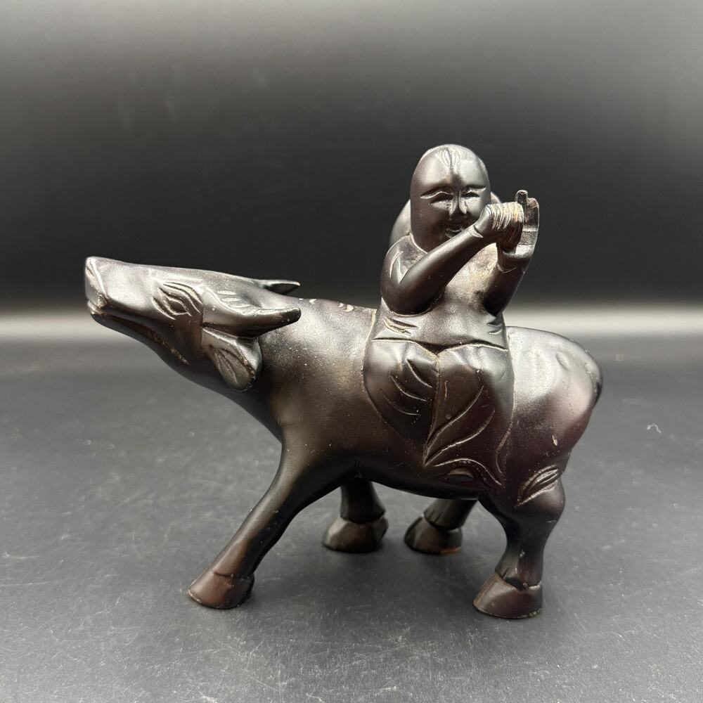 Vintage Chinese Hand Carved Wood Sculpture Water Buffalo Rider Collectible